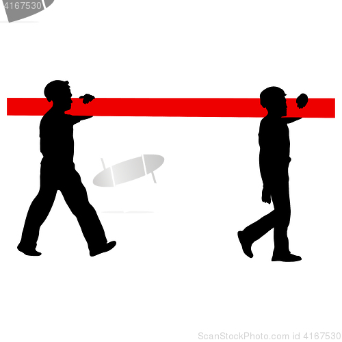 Image of Silhouette of two construction workers carry pipe. illustration