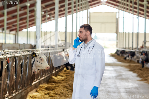 Image of vet doctor calling on cellphone and cows at farm