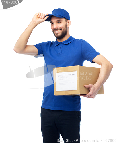 Image of happy delivery man with parcel box