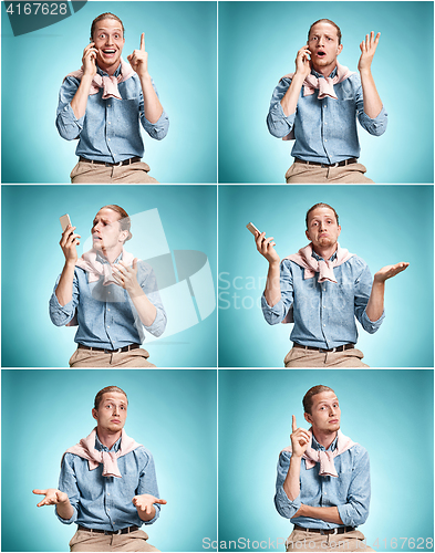 Image of The surprised young man over blue background