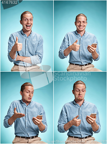 Image of The young smiling caucasian man on blue background