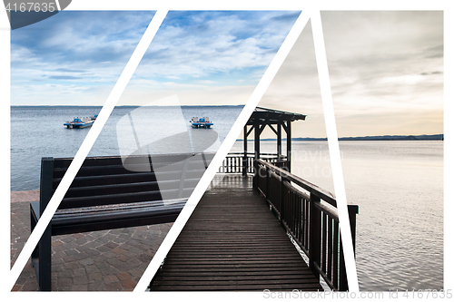 Image of The wooden gazebo on Lake Garda. Collage