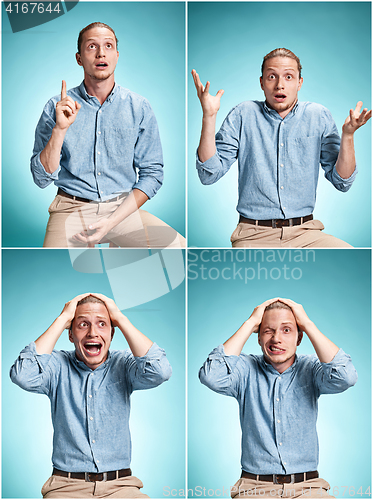 Image of The surprised young man over blue background