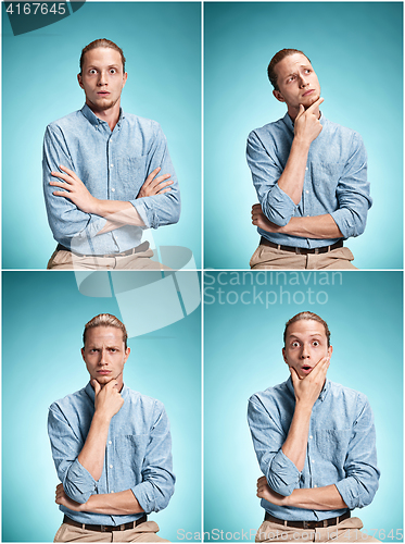 Image of The young man over blue background