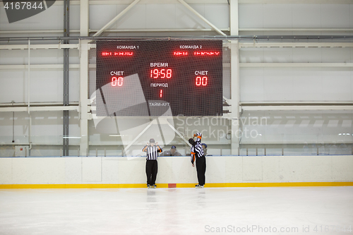 Image of Moscow, Russia - January, 08, 2017: Amateur hockey league LHL-77. Game between hockey team \"New Jersey 53\" and hockey team \"Legend-2\".