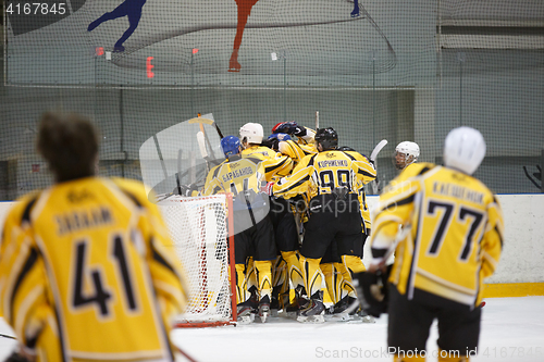 Image of Moscow, Russia - January, 08, 2017: Amateur hockey league LHL-77. Game between hockey team \"New Jersey 53\" and hockey team \"Legend-2\".