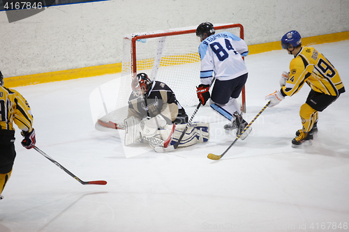 Image of Moscow, Russia - January, 08, 2017: Amateur hockey league LHL-77. Game between hockey team \"New Jersey 53\" and hockey team \"Legend-2\".