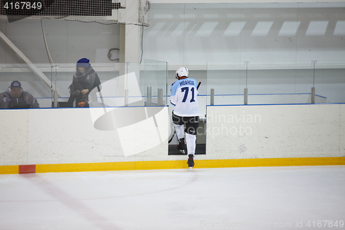 Image of Moscow, Russia - January, 08, 2017: Amateur hockey league LHL-77. Game between hockey team \"New Jersey 53\" and hockey team \"Legend-2\".