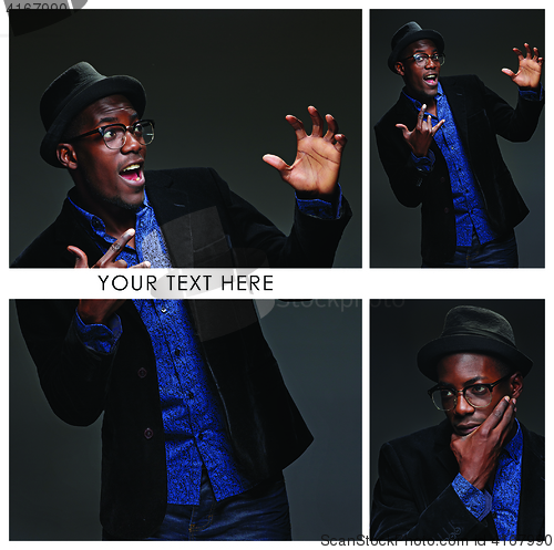 Image of The collage from images of black man with happy expression