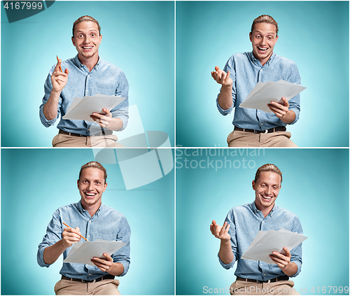 Image of Smart smiling student with great idea holding sheets of paper