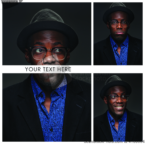 Image of The collage from images of black man with happy expression