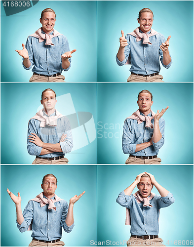 Image of The surprised young man over blue background