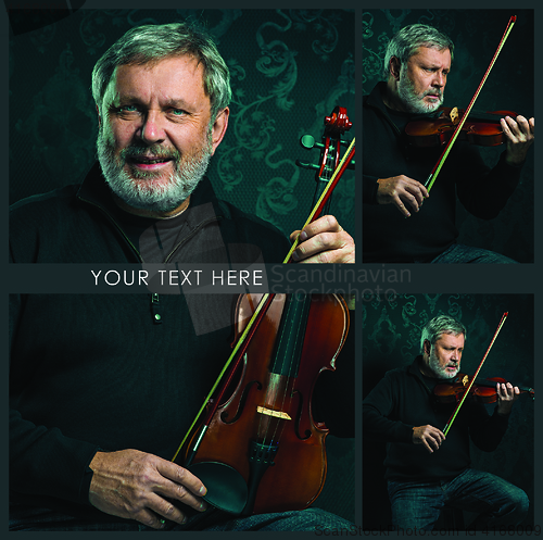 Image of Senior musician playing a violin with wand on black background