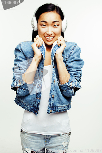 Image of young pretty asian woman posing cheerful emotional isolated on white background, lifestyle people concept