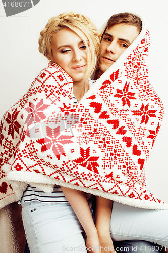 Image of young pretty teenage couple, hipster guy with his girlfriend happy smiling and hugging isolated on white background, lifestyle people concept, valentine design winter plaid