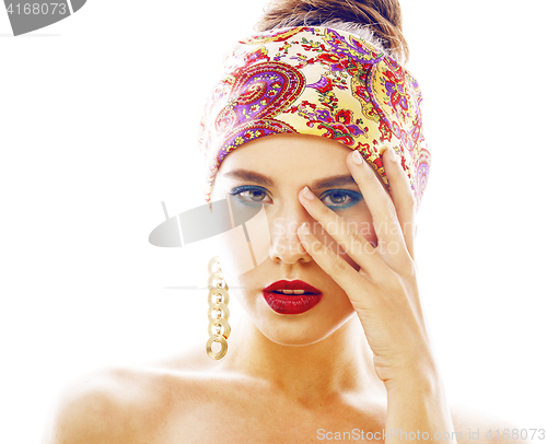 Image of young pretty modern girl with bright shawl on head emotional posing isolated on white background, asian people ethnicity