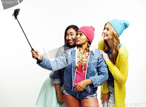 Image of diverse nation girls group, teenage friends company cheerful having fun, happy smiling, cute posing isolated on white background, lifestyle people concept