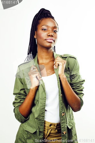 Image of young pretty african-american girl posing cheerful emotional on white background isolated, lifestyle people concept