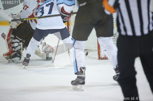 Image of Moscow, Russia - January, 08, 2017: Amateur hockey league LHL-77. Game between hockey team \"New Jersey 53\" and hockey team \"Legend-2\".