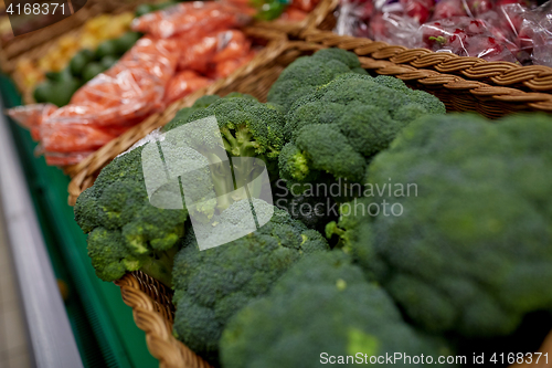 Image of close up of broccoli at grocery store or market