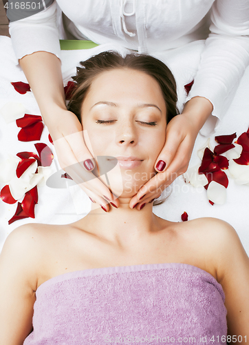 Image of stock photo attractive lady getting spa treatment in salon, healthcare people concept 