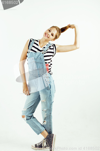 Image of young pretty teenage hipster girl posing emotional happy smiling on white background, lifestyle people concept