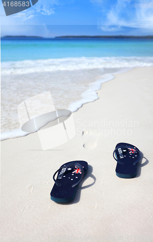 Image of Australian flag thongs beach vacation celebration