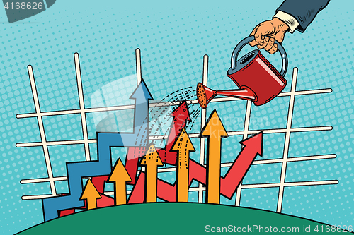 Image of businessman watered arrow growth chart from a watering can