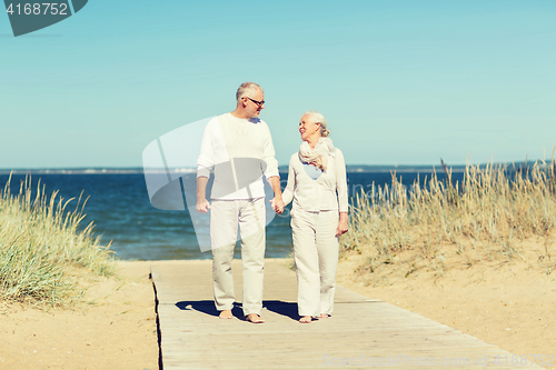 Image of happy senior couple holding hands on summer beach