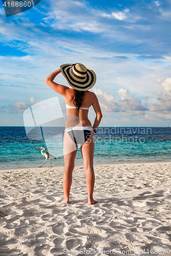 Image of Woman and tropical beach in the Maldives.