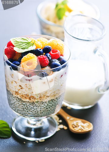 Image of milk with chia seeds and berries