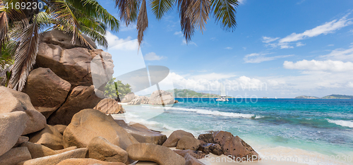 Image of Anse Patates, picture perfect beach on La Digue Island, Seychelles.