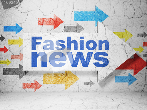 Image of News concept: arrow with Fashion News on grunge wall background