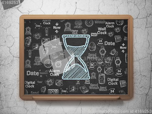 Image of Time concept: Hourglass on School board background