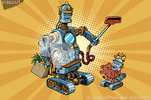 Image of Family retro robots dad and baby