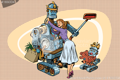 Image of Vintage retro family, dad robot wife and child