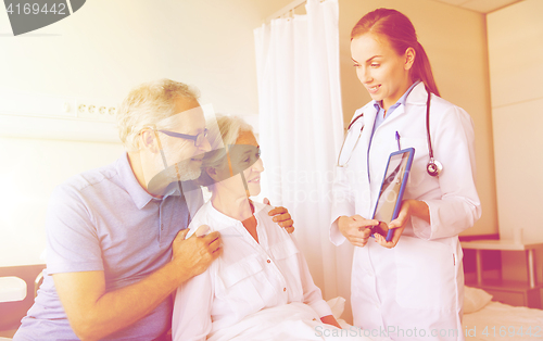 Image of senior woman and doctor with tablet pc at hospital