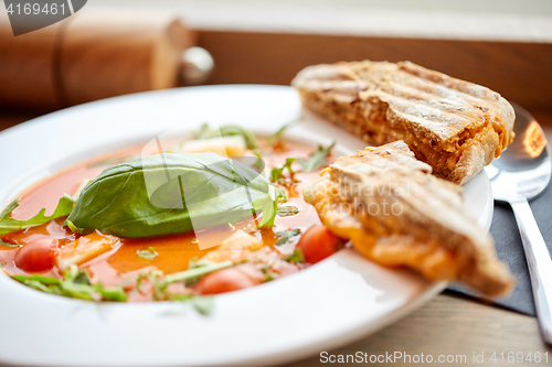 Image of plate of delicious gazpacho soup at restaurant