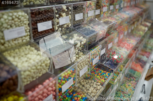 Image of different sweets in boxes at candy shop