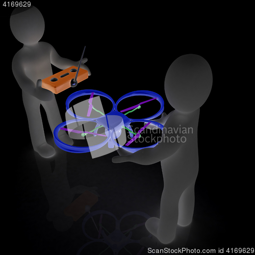 Image of 3d man with drone, quadrocopter, with photo camera. 3d render. 3