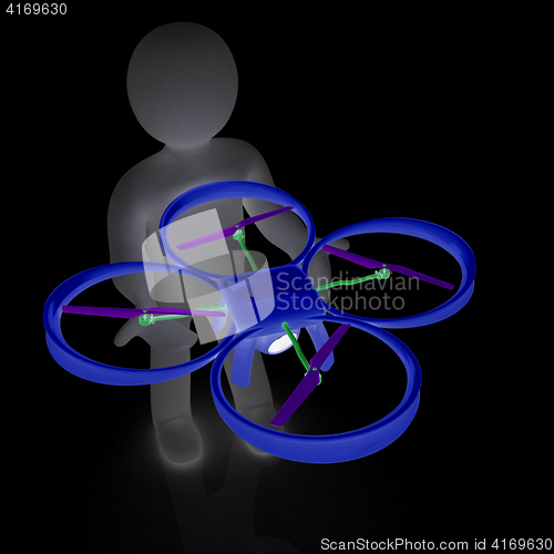 Image of 3d man with drone, quadrocopter, with photo camera. 3d render. 3