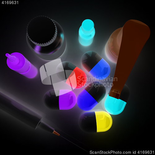 Image of Syringe, tablet, pill jar. 3D illustration