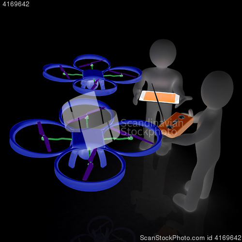 Image of 3d white people. Man flying a white drone with camera. 3D render