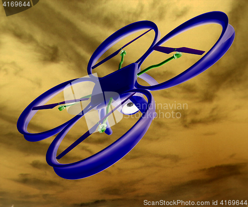 Image of Drone, quadrocopter, with photo camera against the sky. 3D illus