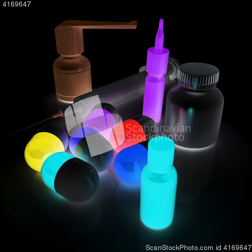 Image of Syringe, tablet, pill jar. 3D illustration