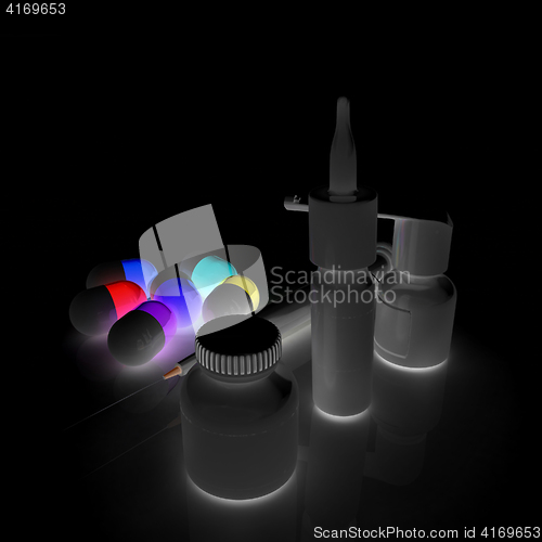 Image of Syringe, tablet, pill jar. 3D illustration