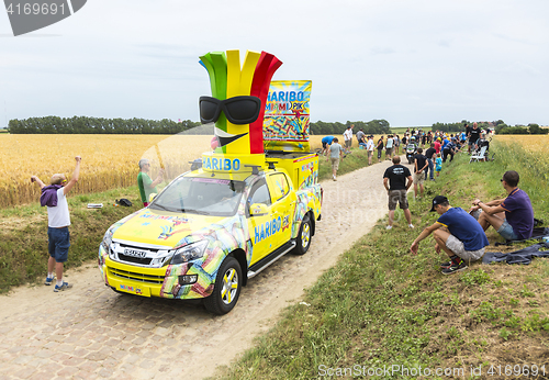 Image of Haribo Vehicle on a Cobblestone Road- Tour de France 2015