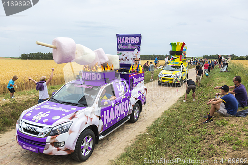 Image of Haribo Caravan on a Cobblestone Road- Tour de France 2015