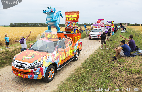 Image of Haribo Caravan on a Cobblestone Road- Tour de France 2015