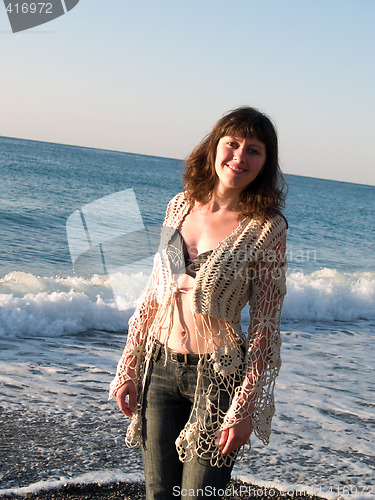 Image of Beautiful Lady in Bikini Jeans on Beach